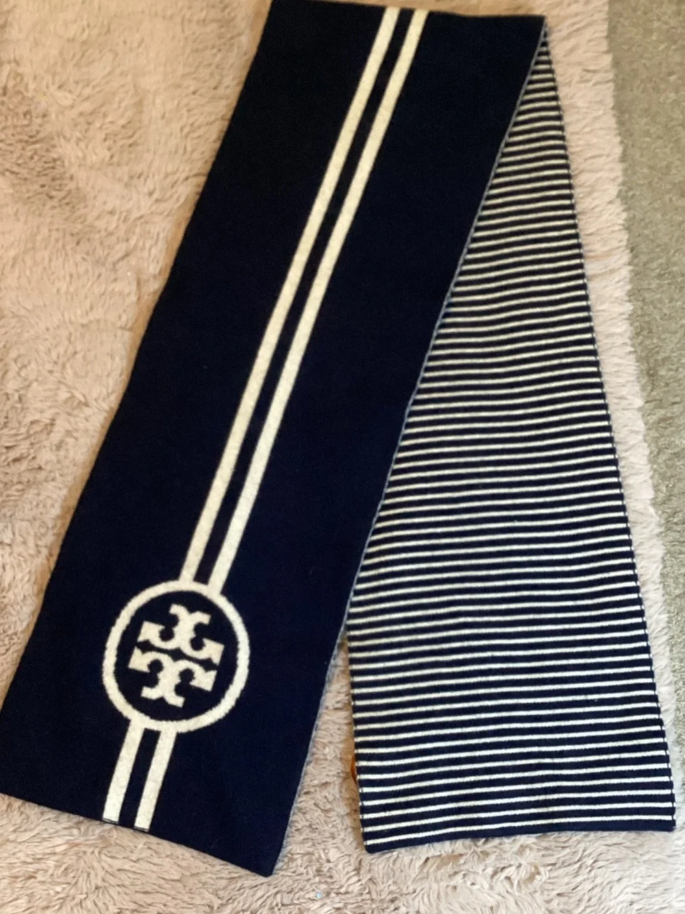 Tory Burch Navy and White Striped Logo Knit Scarf